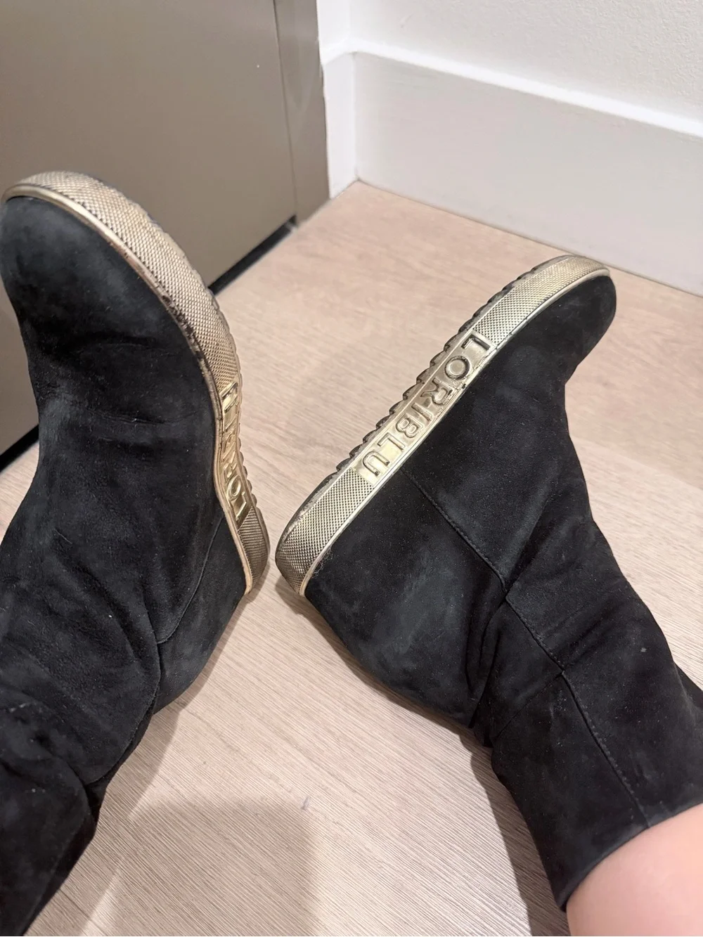 Black Suede Mid-Calf Women's Boot with Metallic Toe Accent